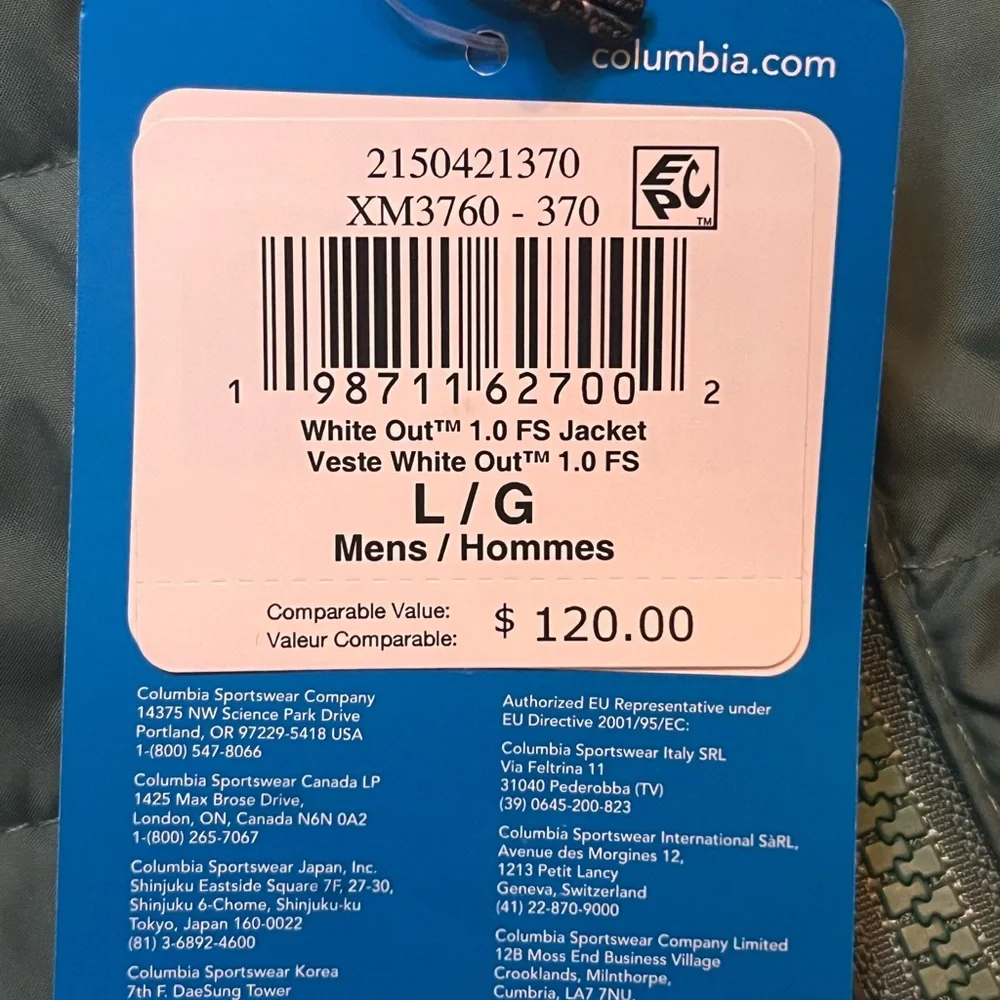 Columbia Mens Large White Out 1.0 FS Omni-Heat Jacket Green Zipper Pockets NWT